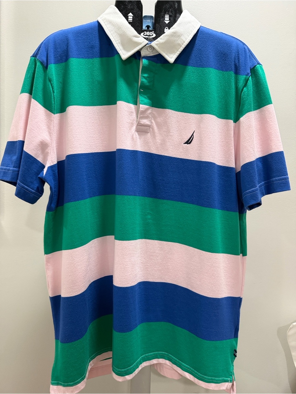Nautica Men’s Wide Stripe Polo in Pink, Green & Blue